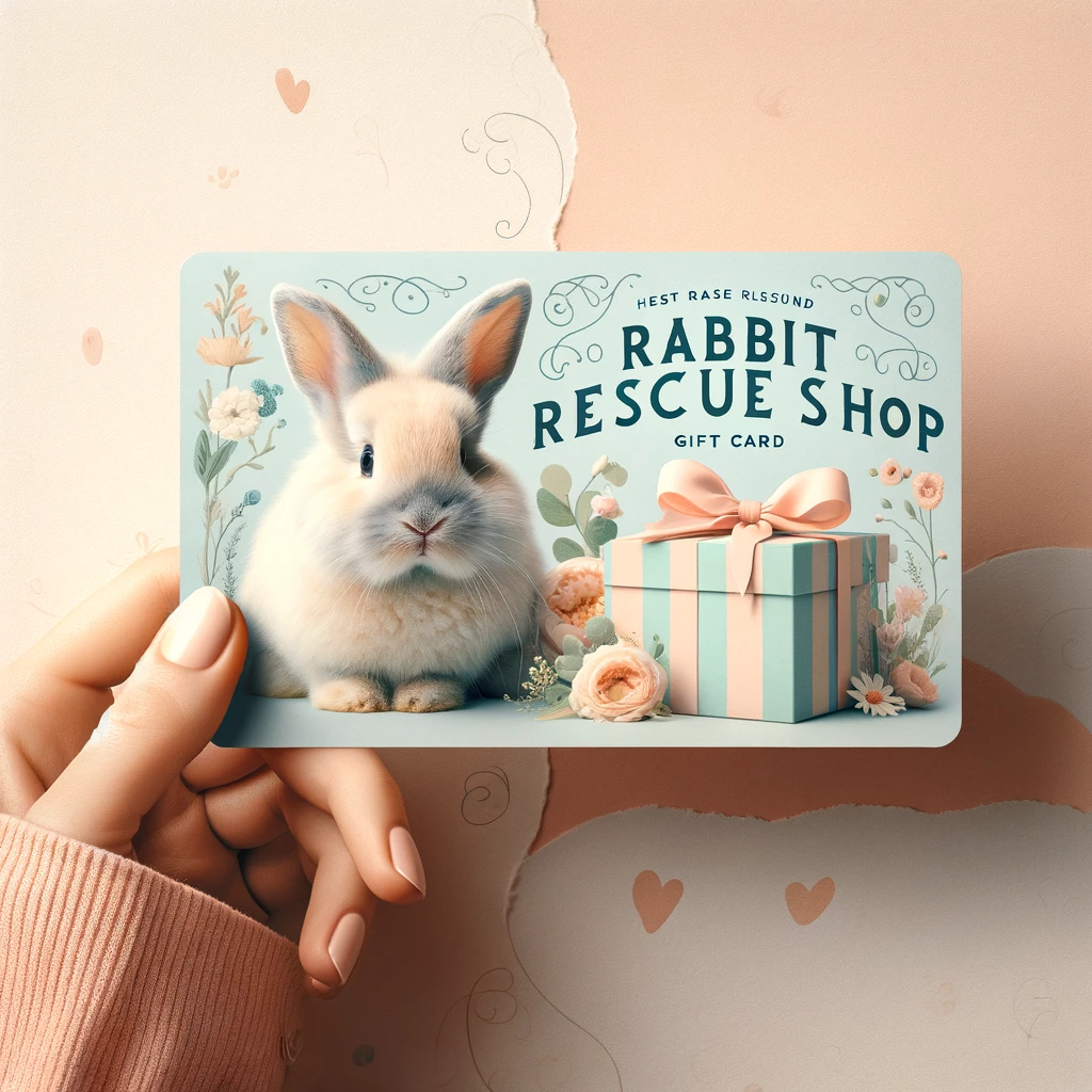 Rabbit Rescue Shop Gift Card. Image of hand holding card with rabbit and gift box with bow.