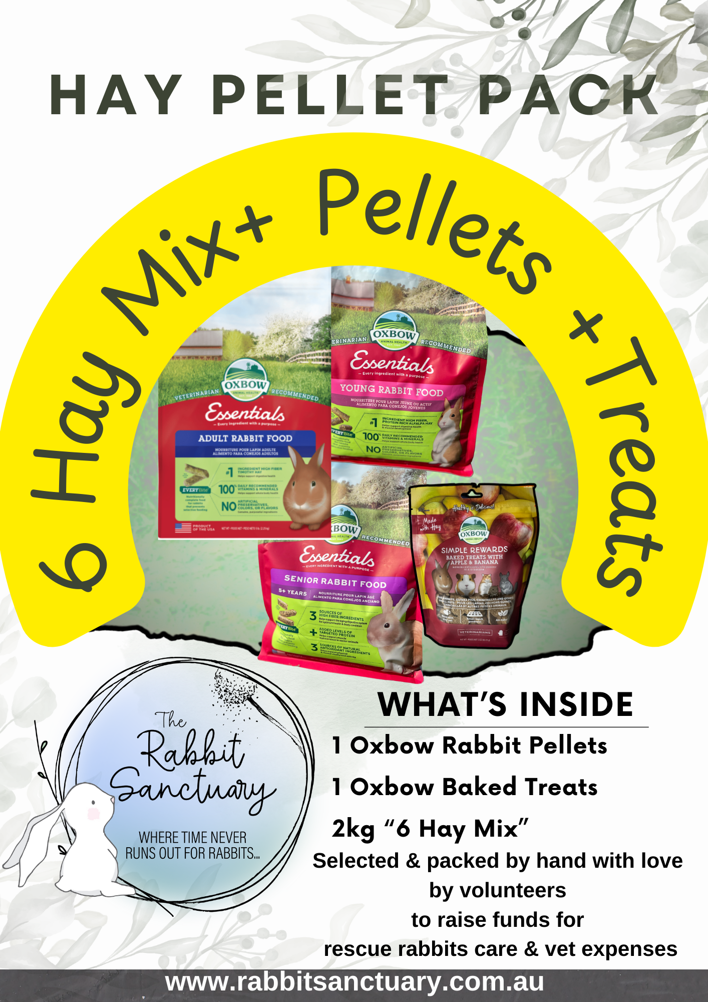 A product image featuring a bundle of Oxbow rabbit food which includes 6 Hay Mix bags, 2kg Rabbit Pellets, and Rabbit Treats, branded by The Rabbit Sanctuary.