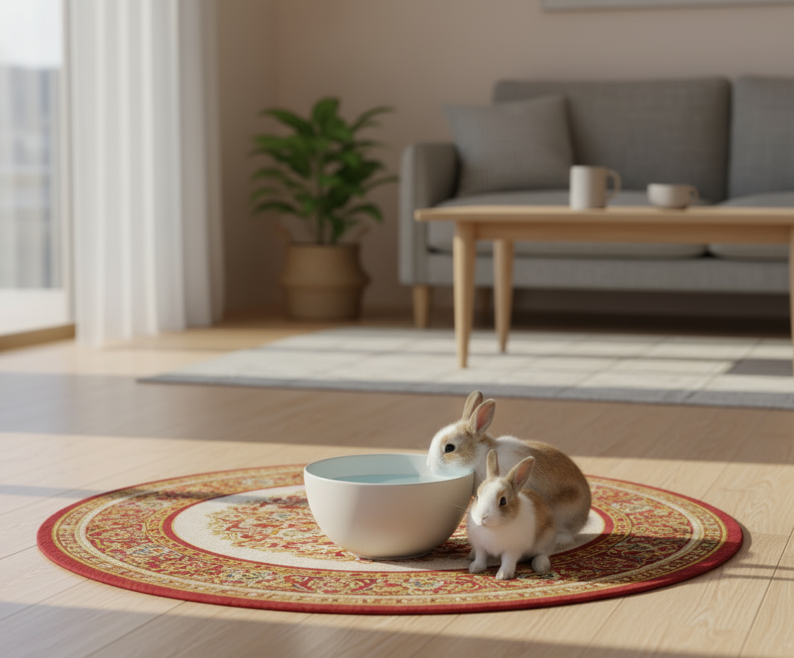 Beige ceramic rabbit water bowl. White inside.
