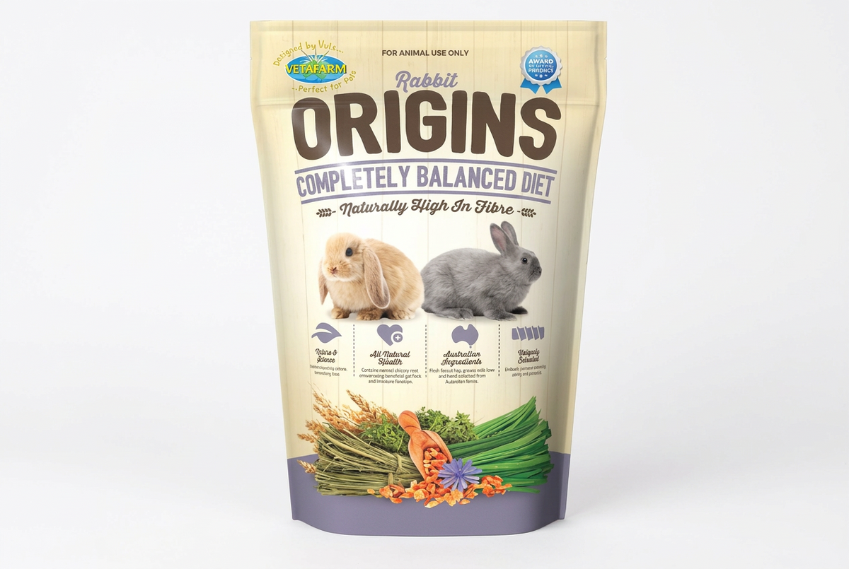 A 350g bag of VetFarm Rabbit Origins Completely Balanced Diet rabbit food, featuring illustrations of a beige and gray rabbit, fresh vegetables, and grains on a cream-colored background.
