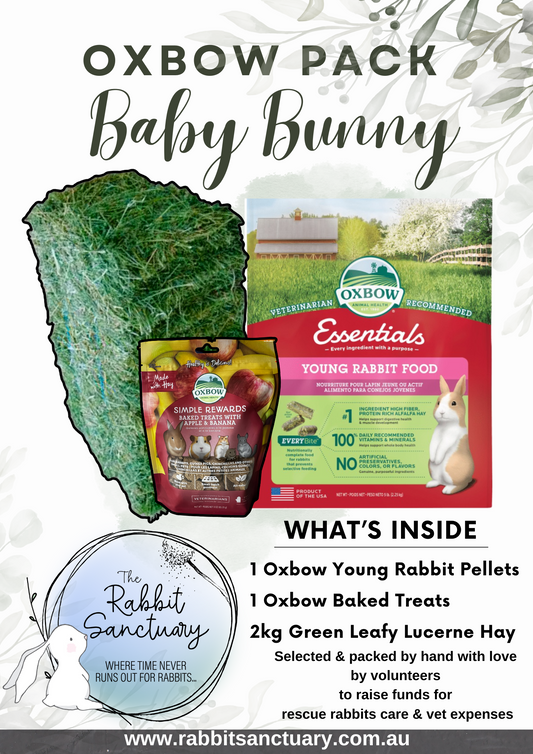 Baby Bunny Oxbow Pack contains Oxbow treats, Oxbow Young Rabbit Food and Fresh Lucerne Hay. 