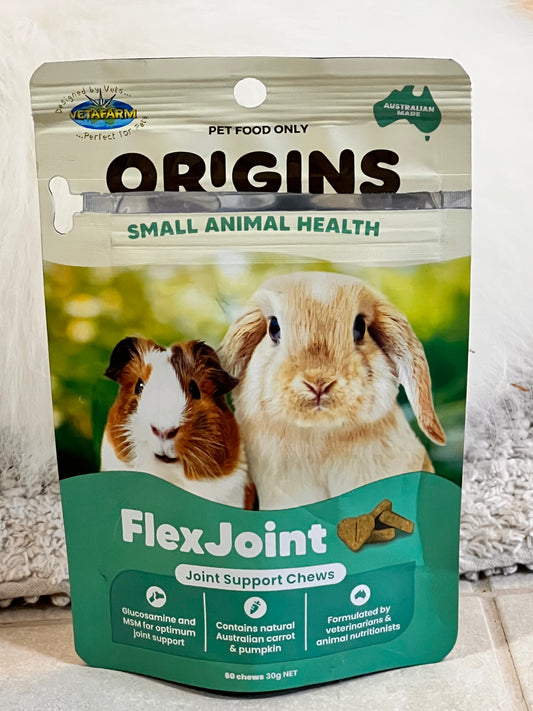 Pet food package for small animals with a rabbit and guinea pig on the label, featuring the brand Vetafarm FlexJoint Support Chews 'Origins'.