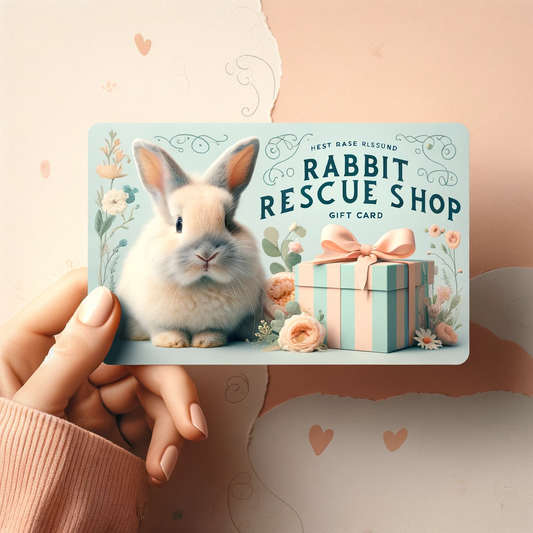 Rabbit Rescue Shop Gift Card. Image of hand holding card with rabbit and gift box with bow. 